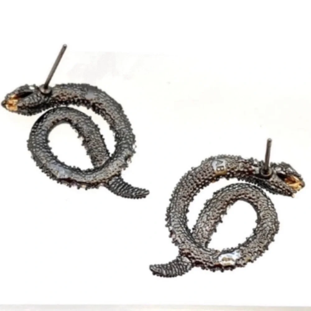 ALEXIS BITTAR • Vanitas Gunmetal Crystal Coiled Striking Serpent Snake Earrings